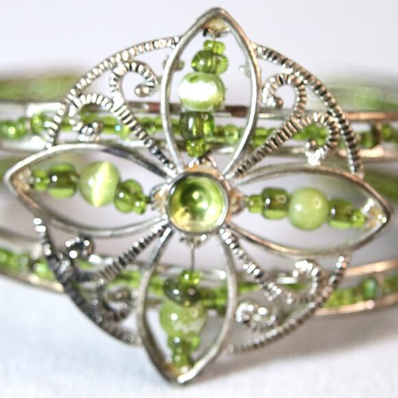 Filagree Cuff Bracelet Silver Tone Green Stones and Beads - Picture 7 of 11